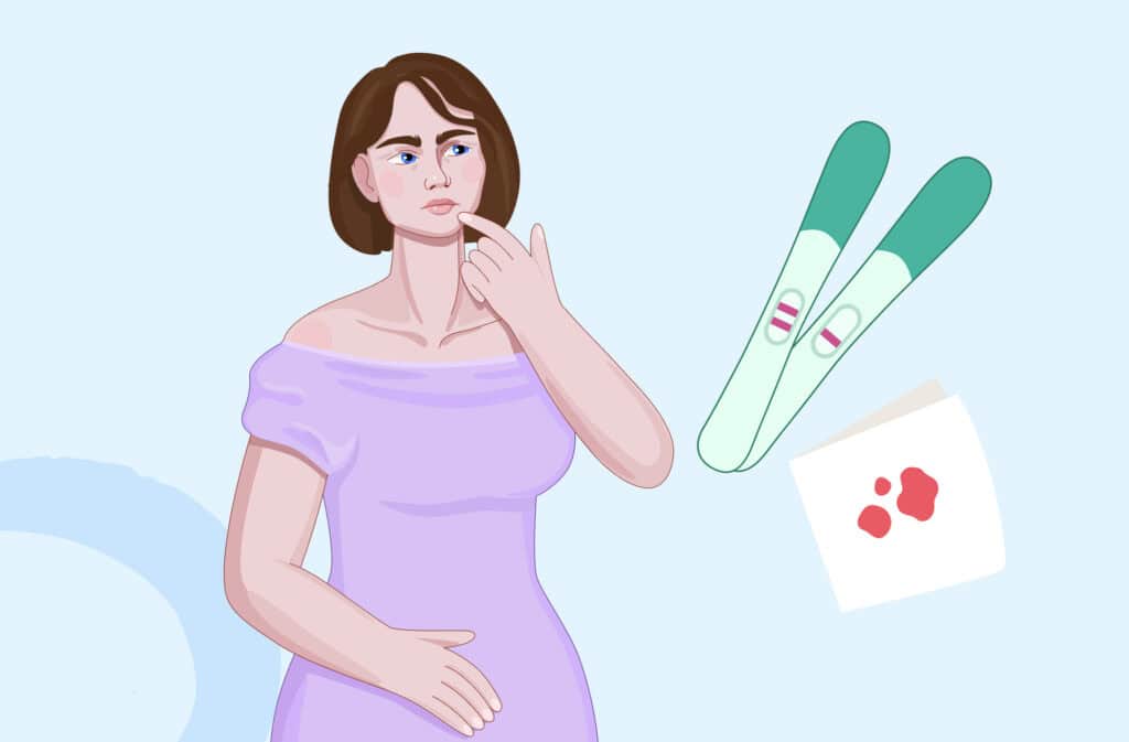 An illustration depicts a concerned woman holding two pregnancy tests and a bloodied napkin, symbolizing chemical pregnancy symptoms.