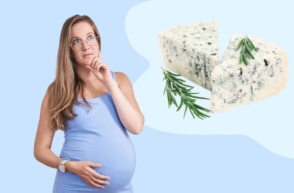 A photo of a pregnant woman and a blue cheese representing a question Can you eat blue cheese while pregnant?