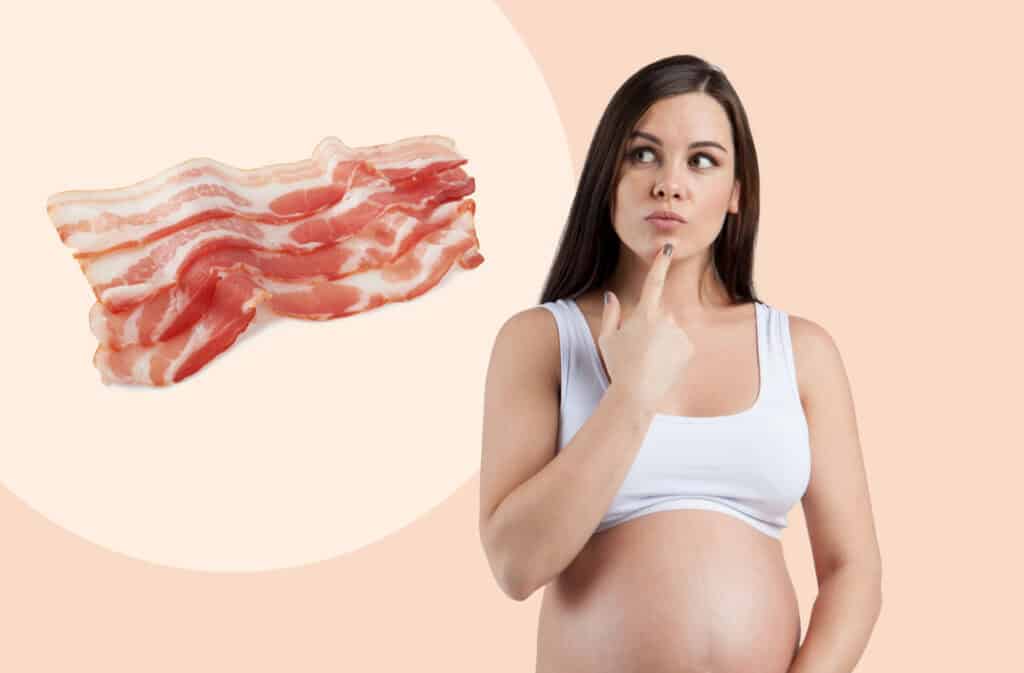 A photo of a pregnant woman and a bacon representing a question Can you eat bacon while pregnant?