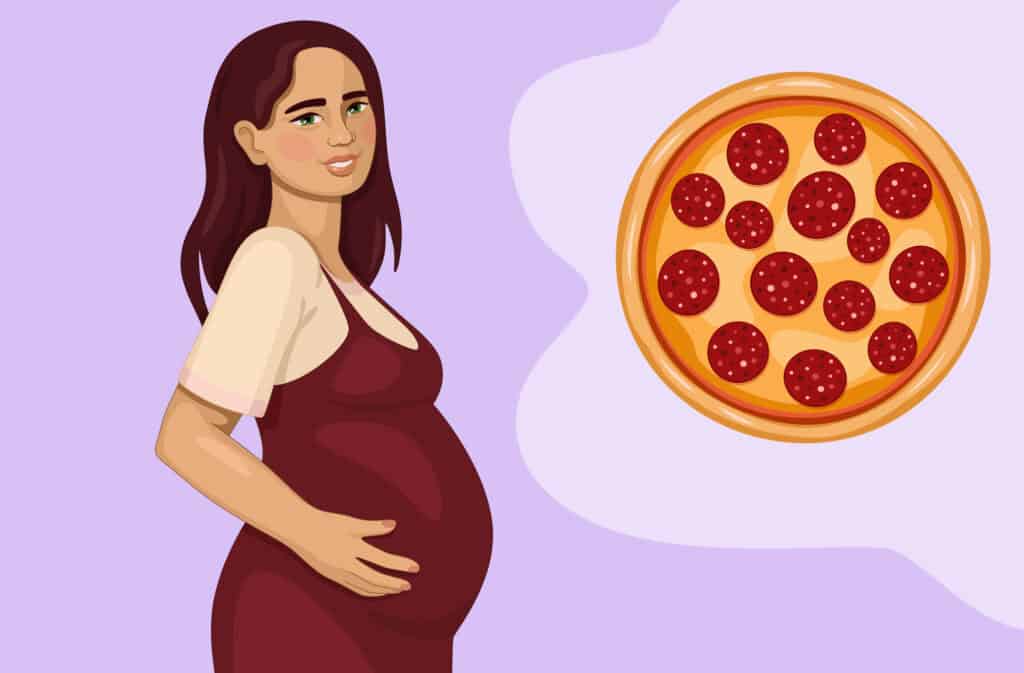 A pregnant woman an a pizza representing can you eat pepperoni when pregnant.