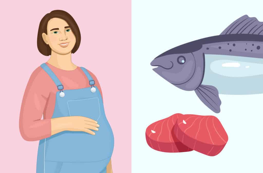 A photo of a pregnant woman and a tuna representing a question Can you eat tuna while pregnant?