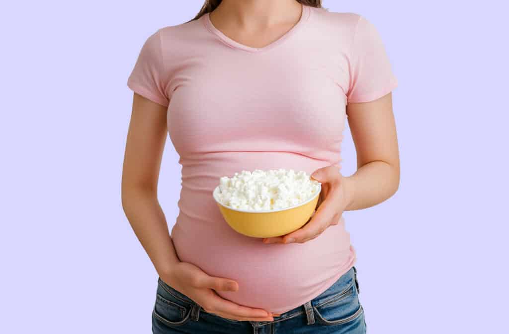 A photo of a pregnant woman and a cottage cheese representing a question can I eat cottage cheese while pregnant?