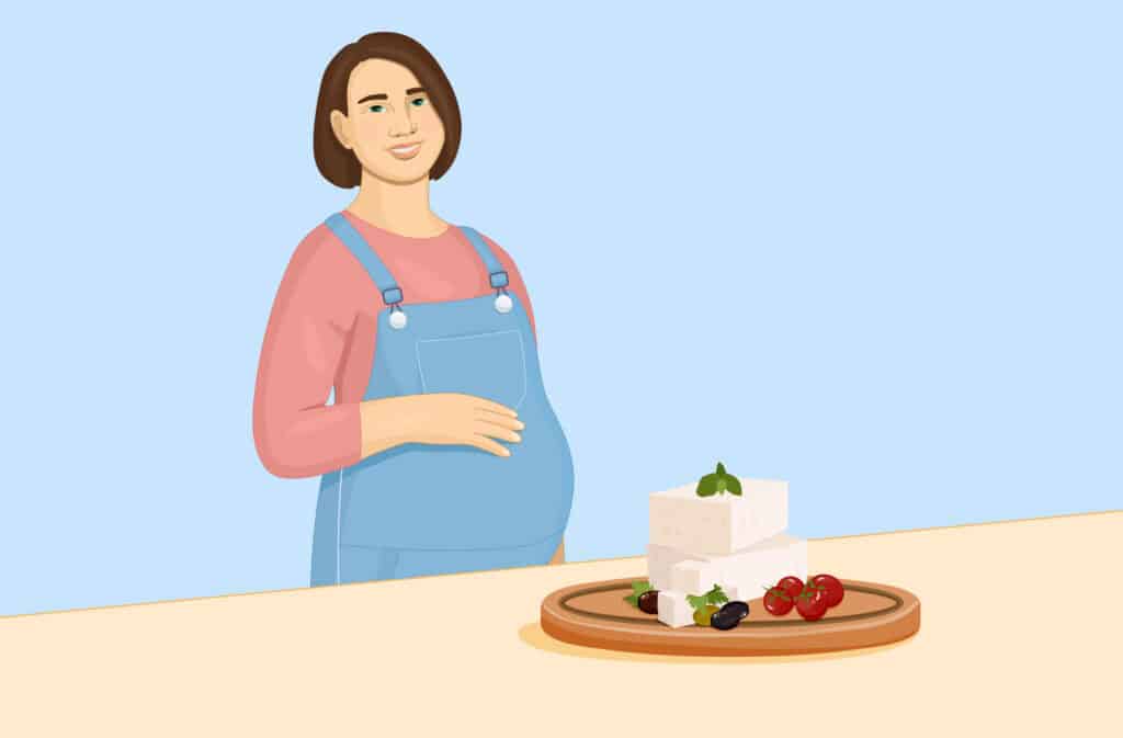 A photo of a pregnant woman and a feta representing a question Can you eat feta cheese while pregnant?