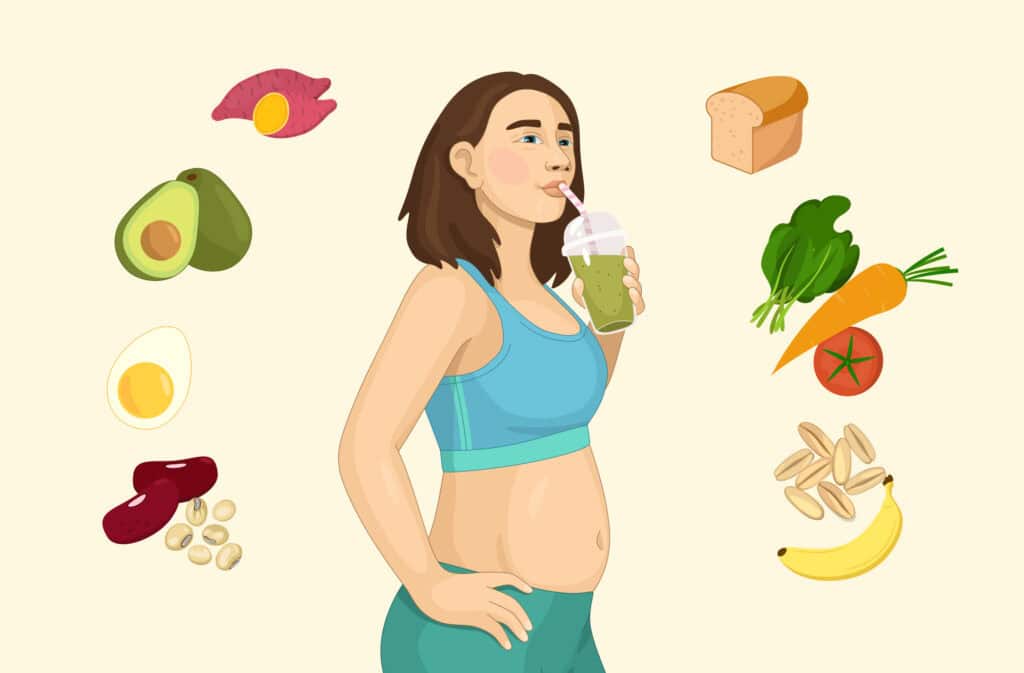 An illustration of a pregnant woman enjoying her top foods to fight nausea during pregnancy.