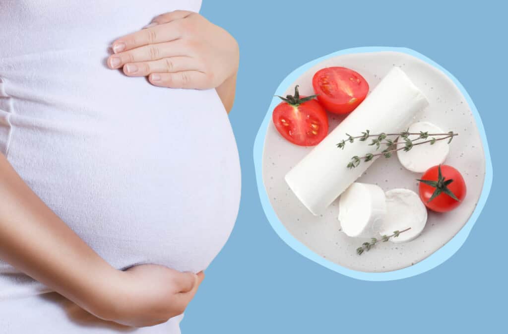 A photo of a pregnant woman and a goat cheese representing a question Can you eat goat cheese while pregnant?