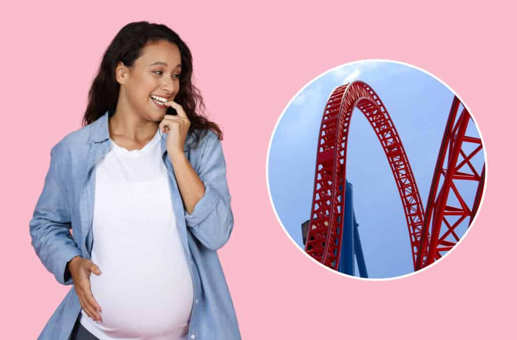 A photo of a pregnant woman and a roller coaster representing the question can you ride roller coasters while pregnant.