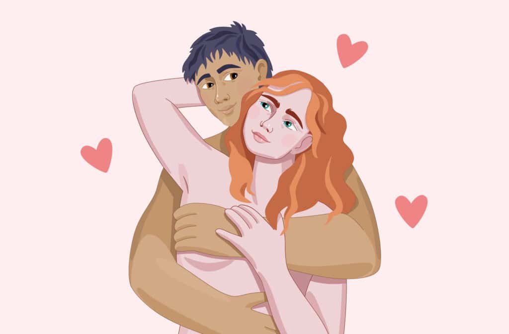 An illustration of a hugging couple representing high sex drive in women.