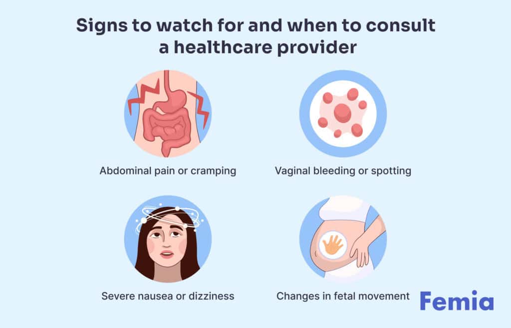 An infographic showing signs to watch for and when to consult a healthcare provider if you accidentally ride a roller coaster while pregnant.