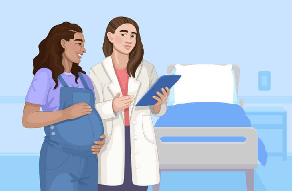 An illustration of a pregnant woman and a doctor representing when should you go to the hospital for labor.