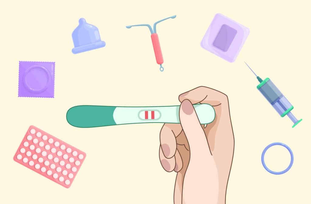 An illustration of a hand holding a positive pregnancy test surrounded by birth control representing the chances of getting pregnant after stopping birth control.