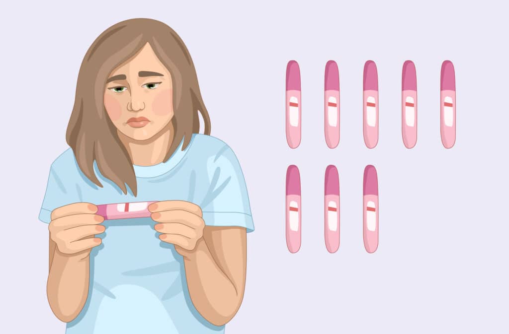 An illustration oh a woman with a punch of negative pregnancy tests representing female infertility.