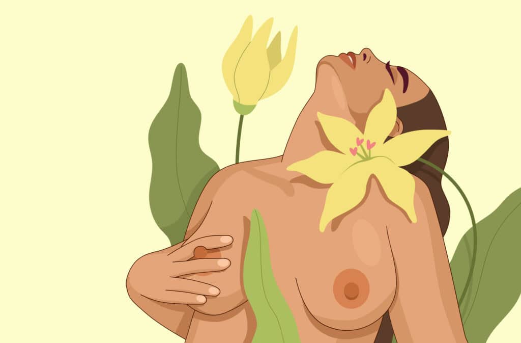 An illustration of a woman learning how to masturbate.