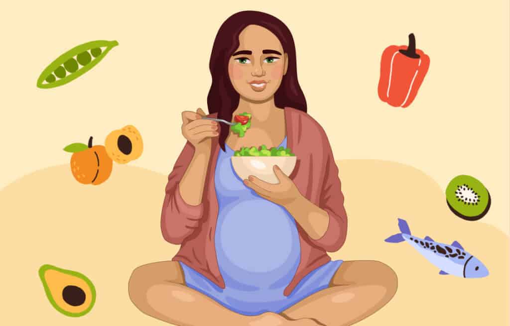 An illustration of a pregnant woman eating a salad and showing a 7-day meal plan for gestational diabetes.