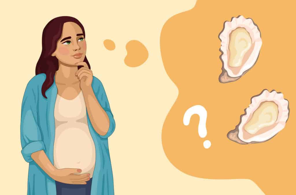 An illustration of a pregnant woman wondering 'Can you eat oysters while pregnant' Viewers of this file can see comments and suggestions.