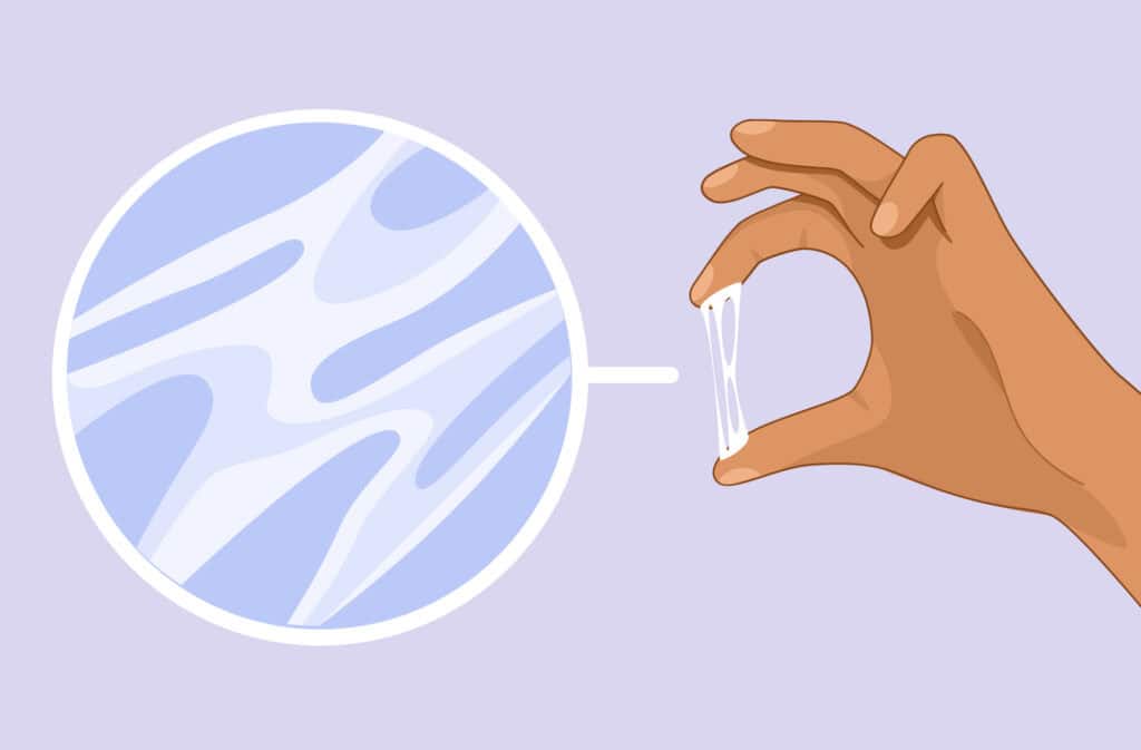 An illustration of a hand stretching mucus discharge representing cervical mucus chart.