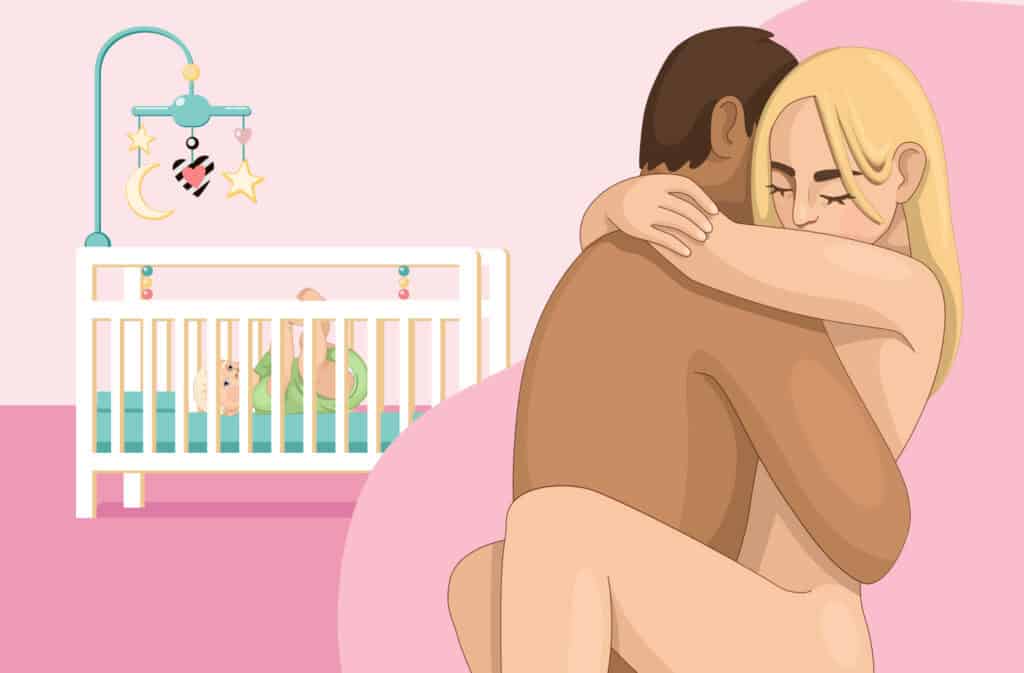 An illustration showing a couple hugging in front of a baby crib representing postpartum sex.