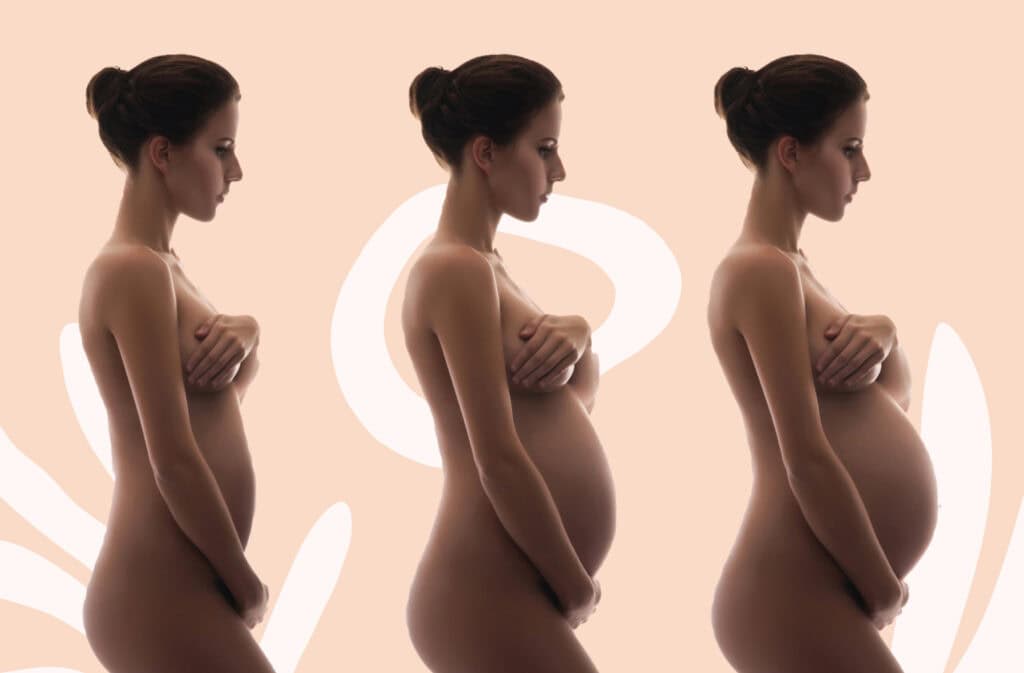 A photo containing three picture of a woman with pregnant belly showing the growth progress.