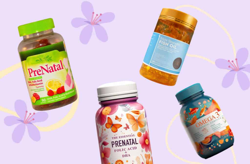 A photo showing best prenatal vitamins: folic acid and DHA, omega-3 and fish oil.