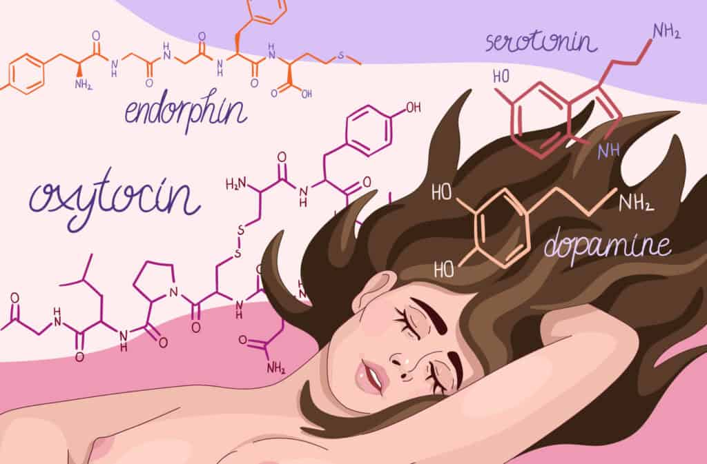 The illustration shows a young woman with long wavy hair enjoying herself. Above her in a soft color palette are chemical structures representing various hormones - endorphin, oxytocin, serotonin and dopamine - that are released during orgasm.