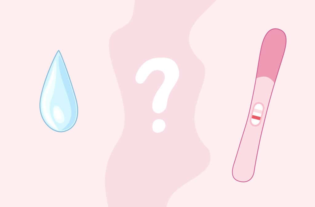 An illustration of a precum fluid and a positive pregnancy test representing the question 