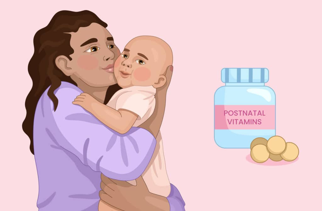 An illustration of a mom holding a baby and looking at best postnatal vitamins Viewers of this file can see comments and suggestions.