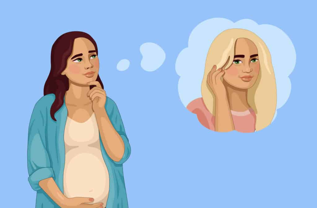 An illustration of a pregnant woman dreaming of changing her hair color and becoming blond and wondering Can you dye your hair while pregnant?