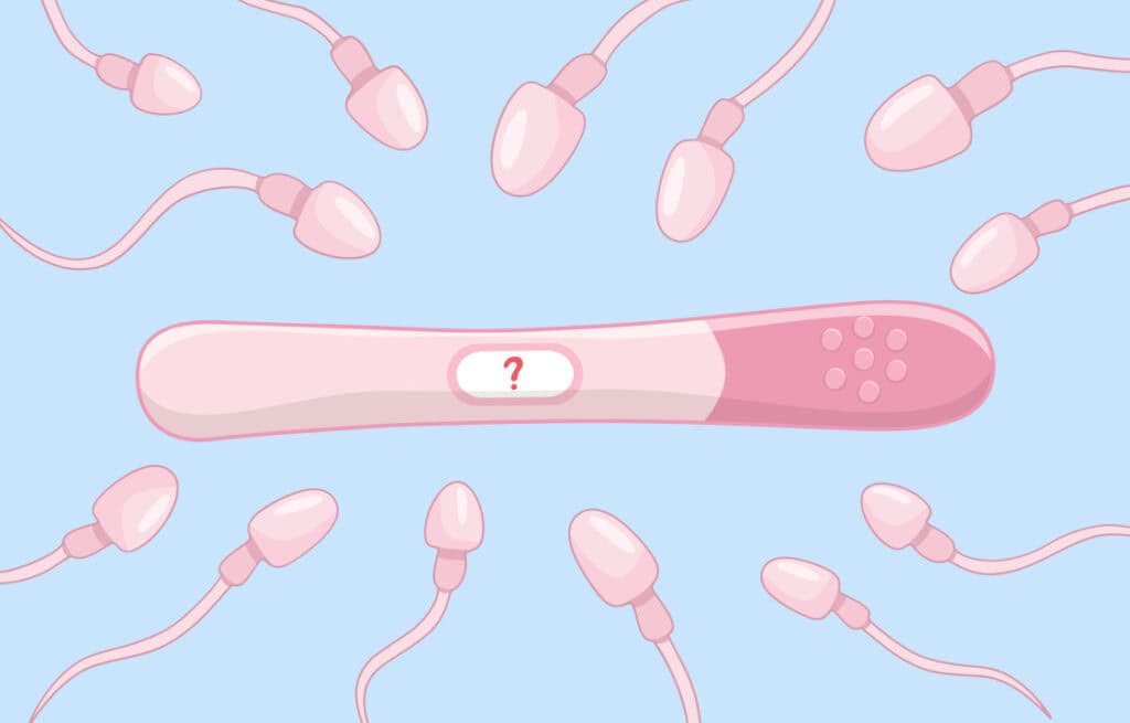 An illustration of a pregnancy test with a question mark instead of the result, surrounded by spermatozoids, representing the question 'Can you get pregnant from precum?'