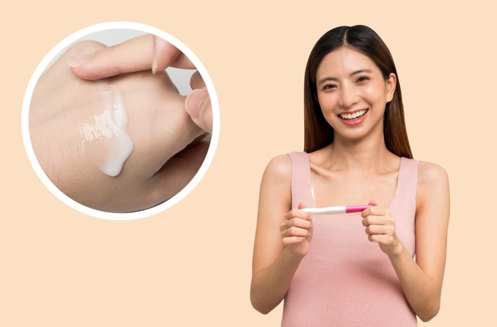 A photo of a hand covered in discharge on the left, and a happy woman with a positive pregnancy test on the right, representing discharge before period vs early pregnancy.