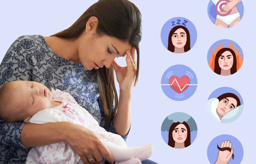 A photo of a frustrated woman holding a baby and illustrated symptoms representing how to balance hormones postpartum.