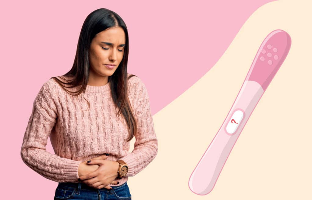 A photo of a woman holding her tummy and experiencing ovulation pain, and a pregnancy test with a question mark, referencing ovulation pain and pregnancy success.