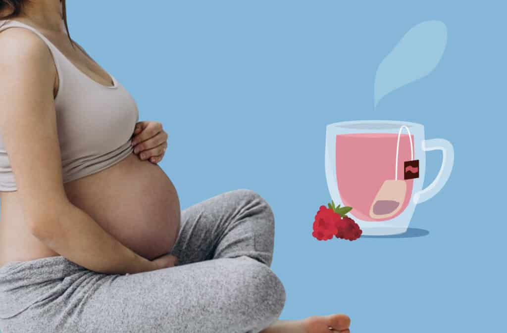 A photo of a pregnant woman and a raspberry leaf tea during pregnancy.