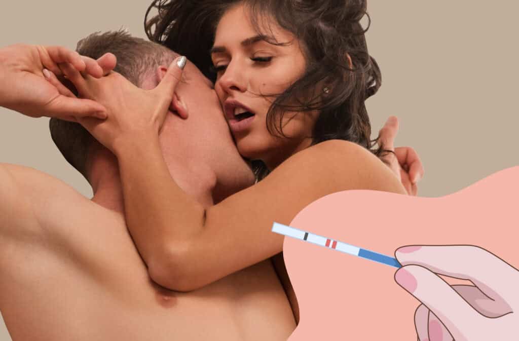 A photo of a couple in the middle of intimacy and an illustration of a positive ovulation test representing the question 'when to have sex during ovulation?'.