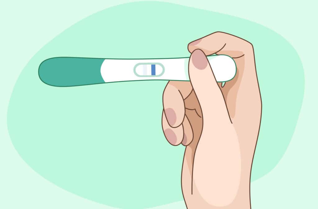 An illustration of a hand holding a stick test showing a faint line on pregnancy test.