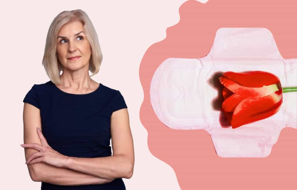 A photo of a woman in her 40s and a tulip on a pad aside, representing heavy periods after 40 with clots.