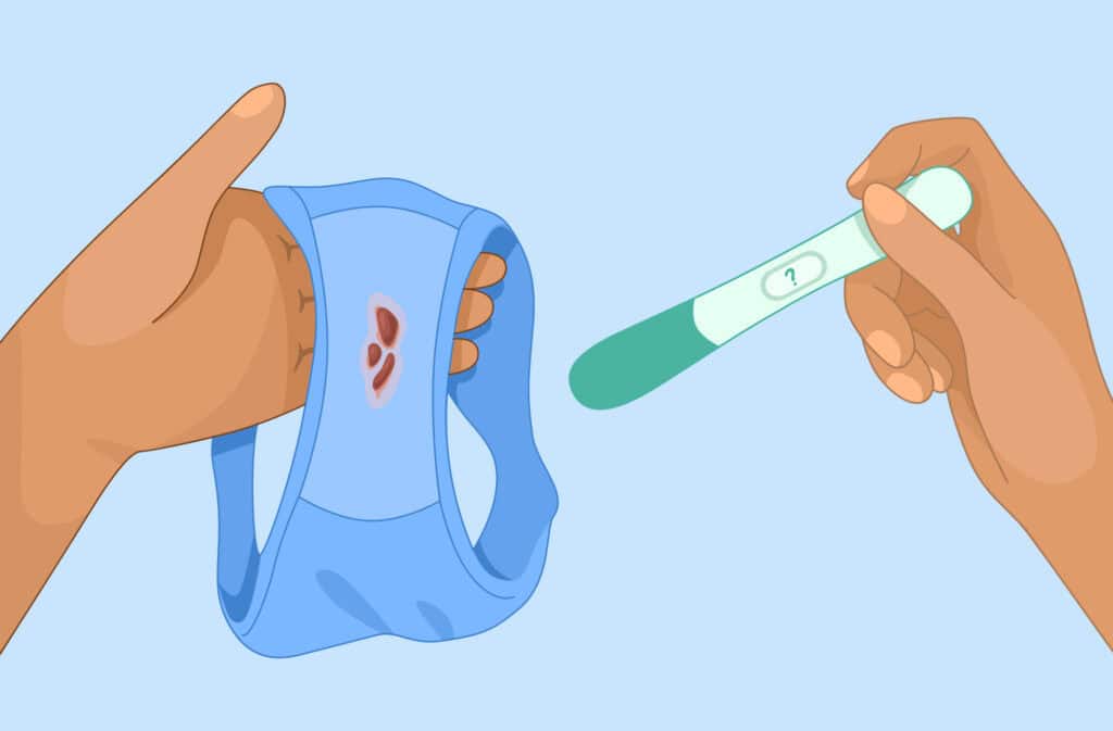 An illustration of hands holding panties with a blood mark and a pregnancy test, representing the difference between plan B spotting vs implantation bleeding.