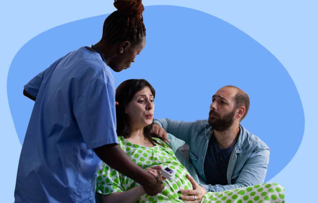 A photo of a woman giving birth and going through stages of labor, with a doctor and a partner on both sides of the bed.