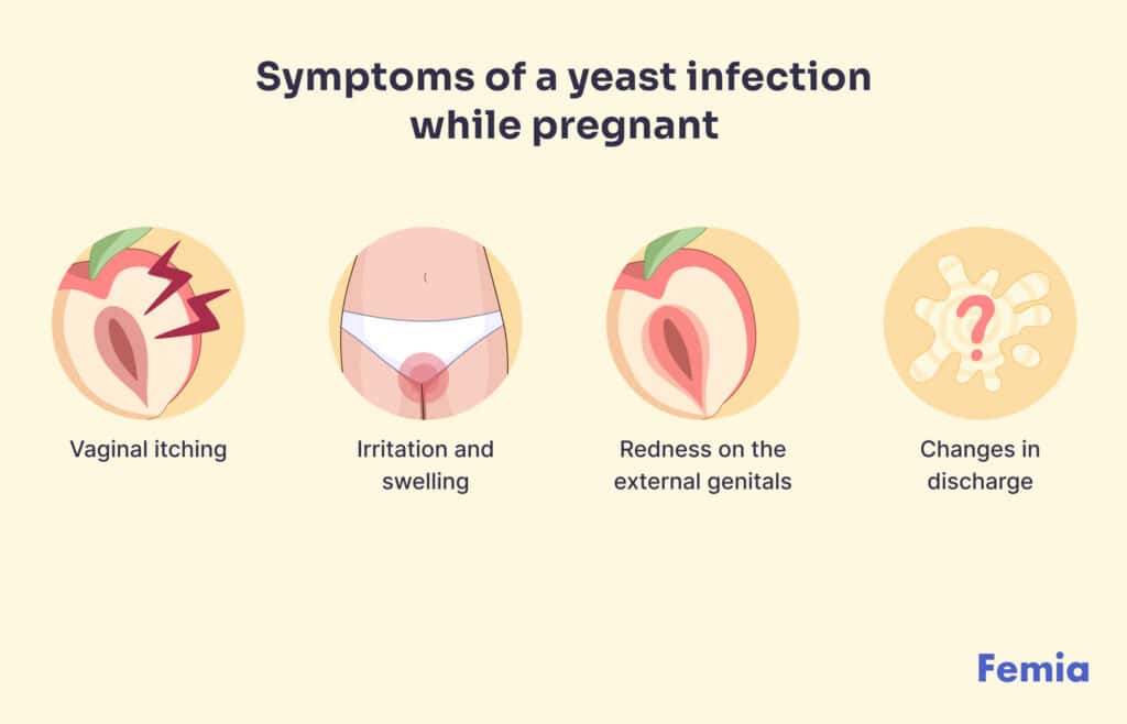 An infographic showing the first symptoms of a yeast infection during pregnancy.