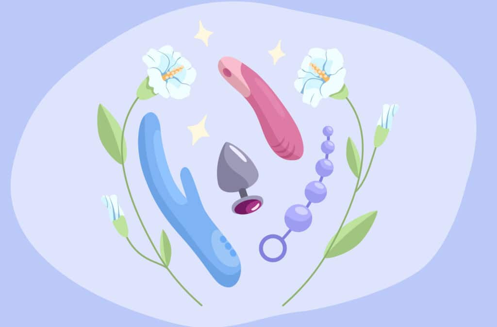 An illustration showing different types of vibrators surrounded by flowers.