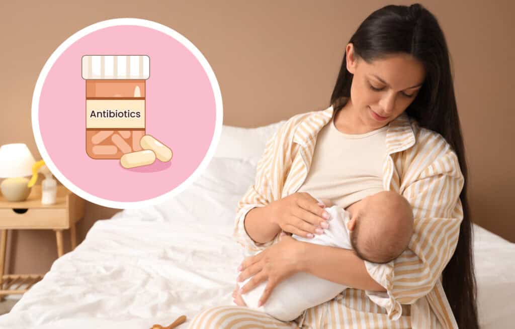 A photo of a mom breastfeeding a baby, representing the question 'Can you take antibiotics while breastfeeding?'